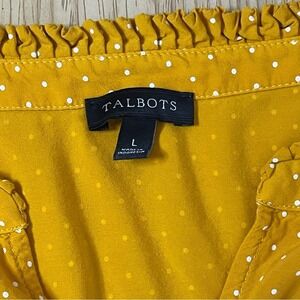 Talbots Women Mustard Yellow Polka Dot Ruffle Neck V-Neck Long Sleeve Top L